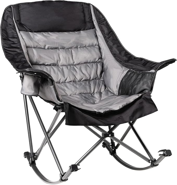 Oversized Rocking Camping Chair for Adults - 400lbs Capacity Padded Camp Chair with Cup Holder, Portable Foldable Outdoor Rocker Chair for Camping, Backyard, Patio (Black & Gray)