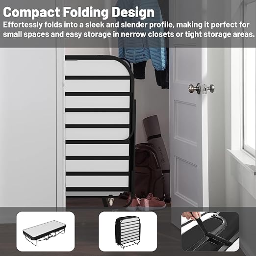 Spring Coil, 16″ High Folding Guest Bed with 5″ Memory Foam Mattress – Sturdy Metal Frame, Easy Access for Seniors, Underbed Storage, Comfortable Rollaway Bed for Guests, 30″ Wide