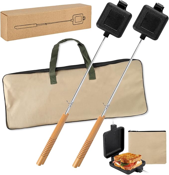 Outdoor pie irons for camping - with heat-resistant, detachable handles, includes a storage bag, easy to clean, perfect for grilling sandwiches and pies over a campfire (2-pack)