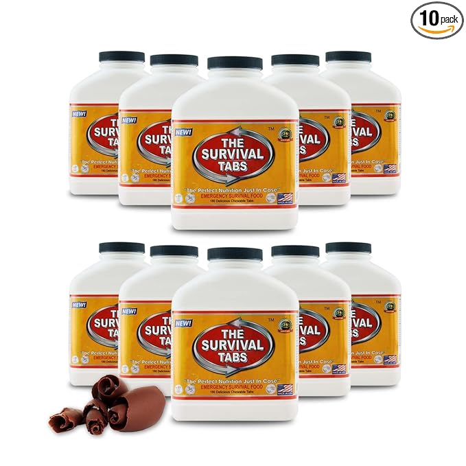 Survival Tabs 15 Days Food Supply Thuc Pham Sinh Ton x 10 Bottles Gluten Free and Non-GMO 25 Years Shelf Life - Chocolate Flavor