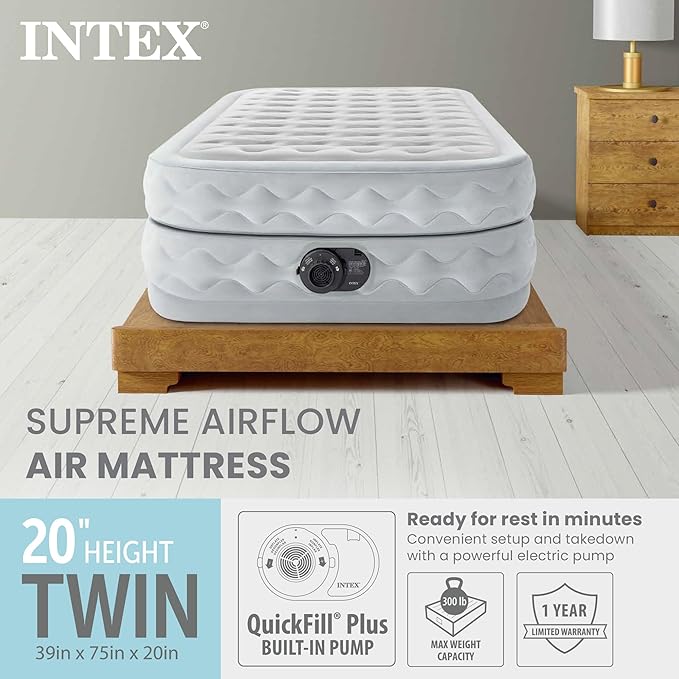 Intex Supreme Air Flow Airbed, 20 Inch Raised Air Mattress with Internal / Built-in Pump and Portable Storage Carrying Case, Twin