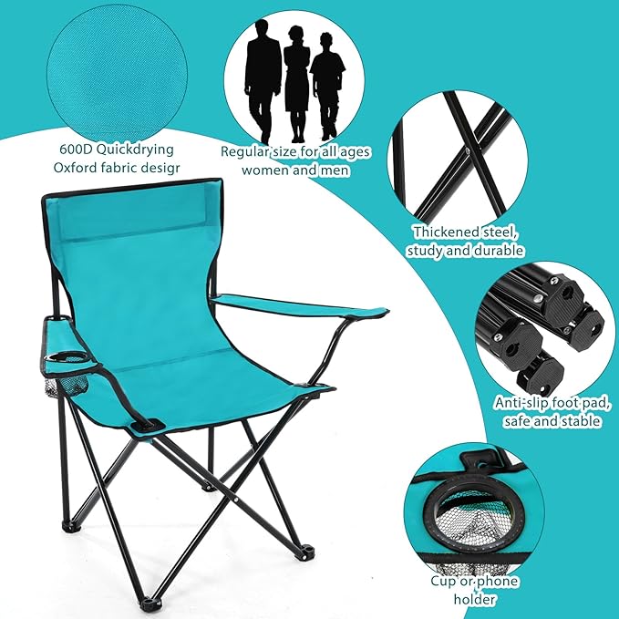 4 Pcs Folding Camping Chairs with Cupholder and Carry Bag Regular Size Portable Lightweight Lawn Chair with Mesh Side Pocket for Fishing Hiking Picnic Beach Outdoor Party (Stylish)