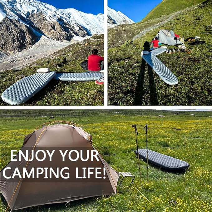 Single Inflatable Sleeping Mat, 20D Nylon Lightweight Air Bed for Adults, Air Mattress with Storage Bag for Camping Ultralight Backpacking, Hiking, Traveling & Outdoor Activities (Black, R)