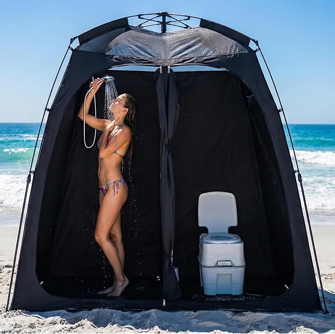 EighteenTek® Shower Tent Camping, 2-Room Portable Changing Room, Outdoor Shower Enclosure, Pop Up Privacy Tent Shelter with Floor & Doors, Waterproof & Lightweight, Camping Toilet Bathroom