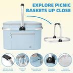 ALLCAMP Picnic Basket - Insulated Cooler, Thickening Foldable Picnic Basket with Removable Baskets & Sewn-in Frame, Basket for House Warming Gifts New Home(Light Blue)