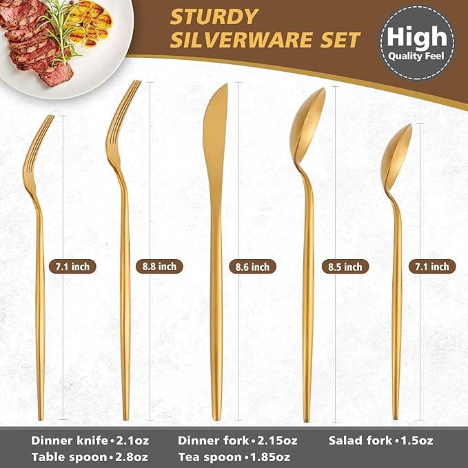 Matte Gold Silverware Set, Oliviola 60-Piece Stainless Steel Flatware Cutlery Set Service for 12, Satin Finish Kitchen Utensil Set, Dishwasher Safe