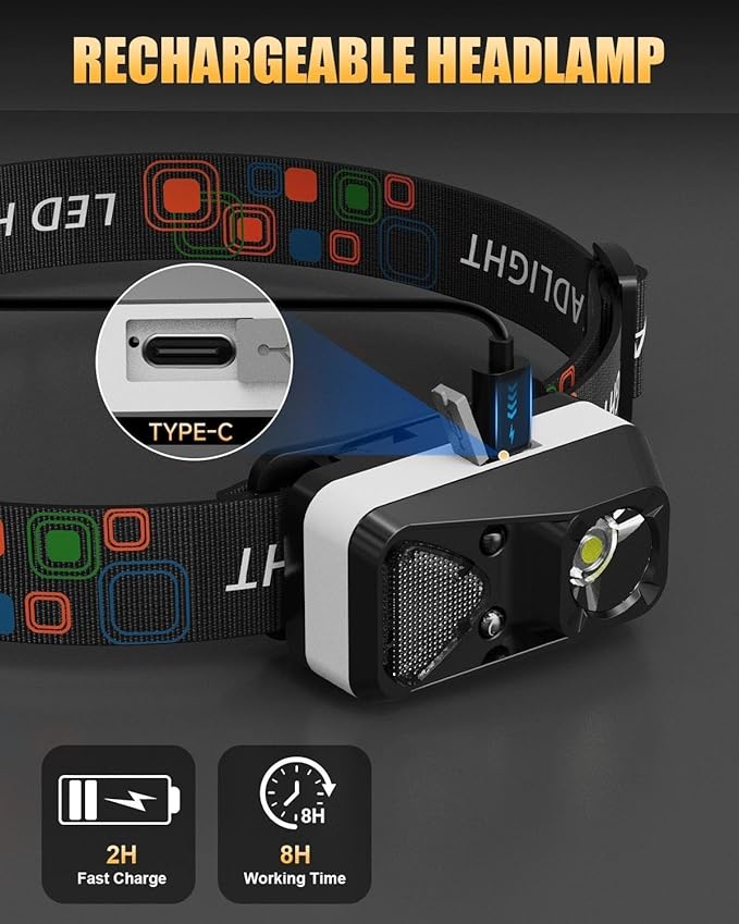 LED Headlamp Rechargeable with Motion Sensor, Ultralight Bright Headlight with White Red Light Waterproof 6 Modes for Outdoor Camping Running Hard Hat Fishing Repair, 1 Pack