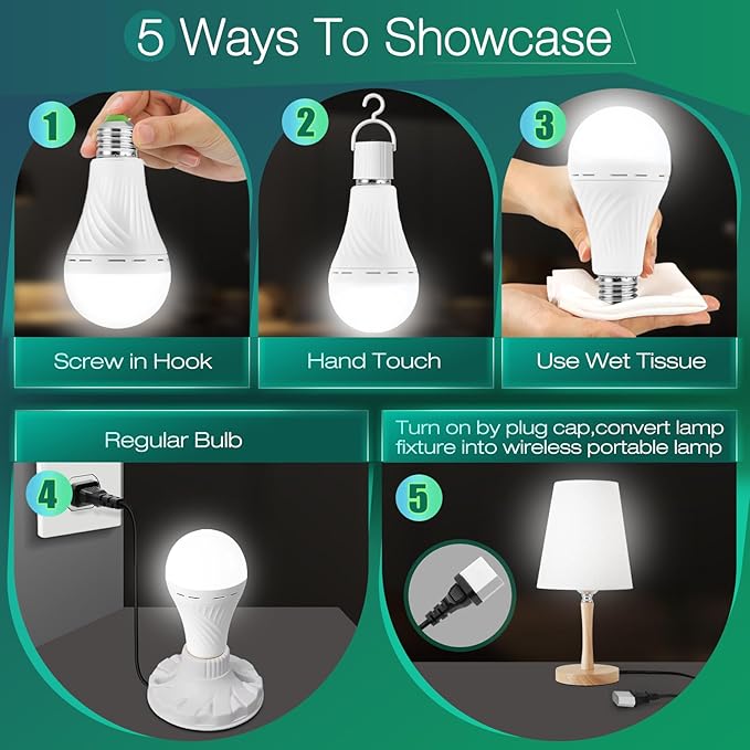 Emergency-Rechargeable Light Bulb with Hook,Stay Lights Up When Power Failure, 1500mAh 12W 60W Equivalent LED Light Bulbs for Home, Camping, Hiking(E27, with Hook,with Plug Cap) 4 Pack