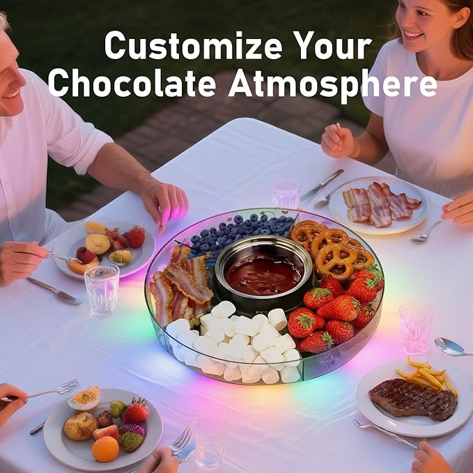 FEPPO Cordless Electric Fondue Pot Set with Mood Light, 2*4500mAh Rechargeable Battery Powered, 7 Game Cards & Detachable Taco Serving Tray, Melted Chocolate Cheese for Outdoor Indoor Parties Camping
