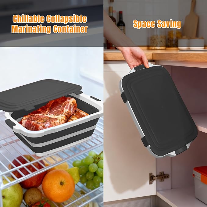 Collapsible BBQ Prep Tub with Cutting Board & Lid, Folding Food Container BPA-Free Heavy-Duty, Dishwasher Safe, Upgraded Drain Hole - for Camping, Grilling Outdoor Cooking (Black, X-Large)