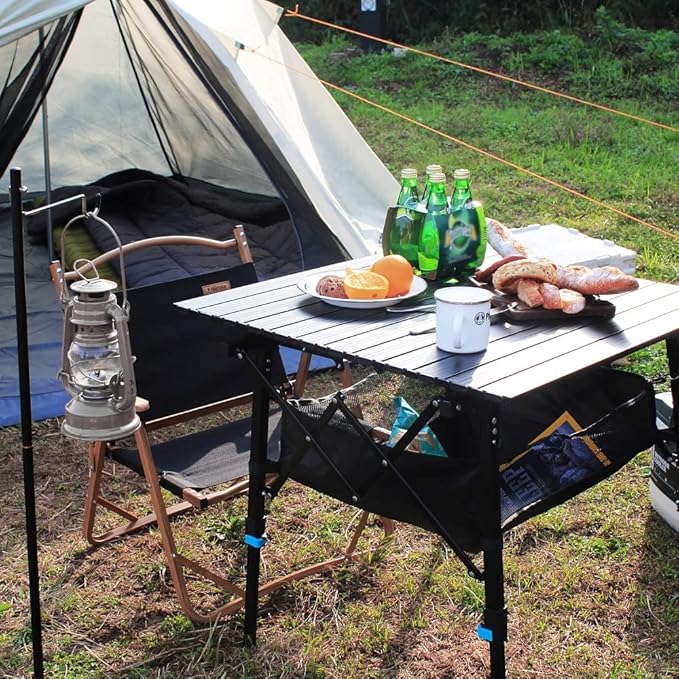 Folding Camping Table Portable with Large Storage Organizer and Lantern Pole, Lightweight Compact Aluminum Foldable Table for Outdoor, Picnic, Fishing, Backpacking, Hiking, Cooking