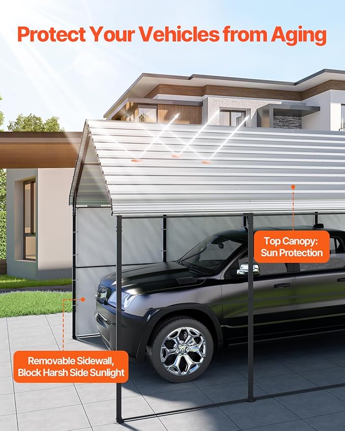 VEVOR Heavy Duty Metal Carport, 12' x 20' Outdoor Carport with Galvanized Steel Frame & Roof, Car Tent Garage Shade with Removable Sidewalls, Multi-Use Car Shelter for Pickup, Boat, Car & Tractors
