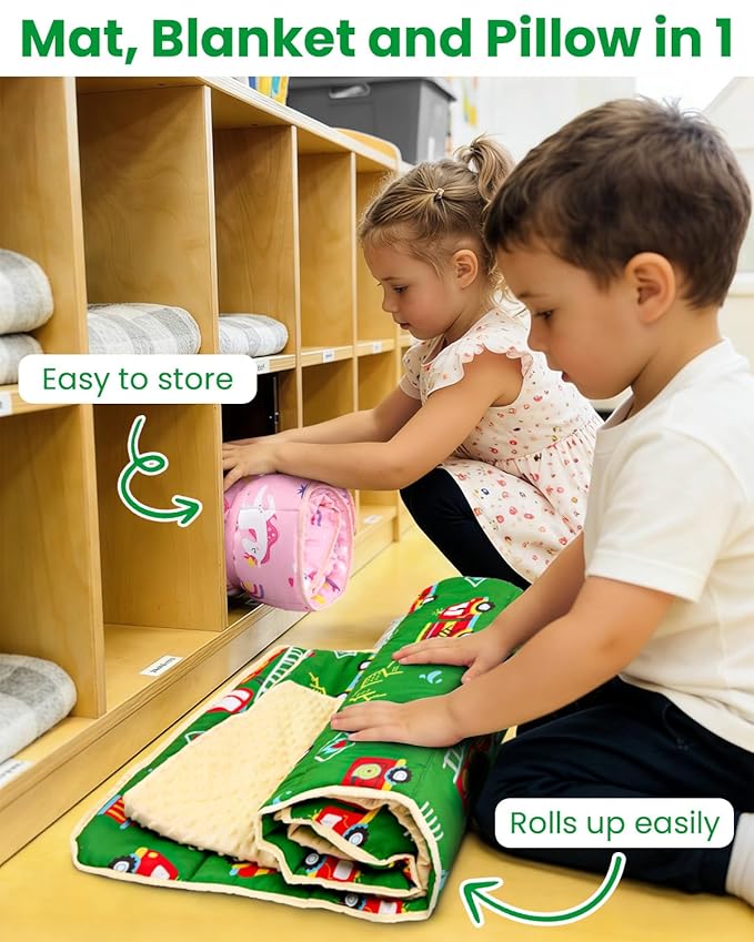 Toddler Nap Mat with Pillow and Minky Blanket, Large 55"x38" Sleeping Bag, Washable, Lightweight, Easy to Roll, Perfect for Preschool, Daycare, Kindergarten, Travel, Boys and Girls-Truck