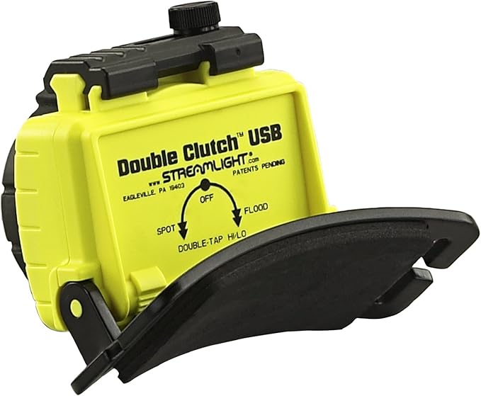 Streamlight 61602 Double Clutch USB 125-Lumen Multi-Fuel LED Headlamp with 120V AC Charging System, Elastic Head Strap, and Rubber Hard Hat Strap, Yellow