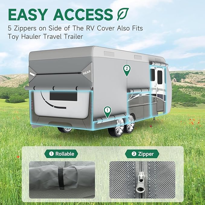 Umbrauto RV Cover Fits 24-27ft Travel Trailer: Lightweight, Waterproof Camper Cover for Toy Hauler, Winter Campsite, with Gutter Covers, Tongne Jack Covers, Windproof Straps