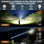 Rechargeable Camping Flashlight Tactical Flashlight, 11 Modes Multi-Function Flashlight 10000 Lumens Portable Camp Light with Stand, Bright LED Flashlight for Outdoor Activity, Black