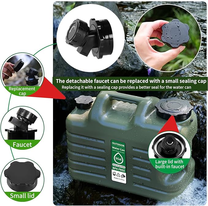 5 Gallon BPA-Free Water Jug with Spigot, Food Grade HDPE Outdoor Water Container, Portable Leak-Proof Water Can with Handle for Camping, RV, Hiking, Emergency Preparedness, Military Green
