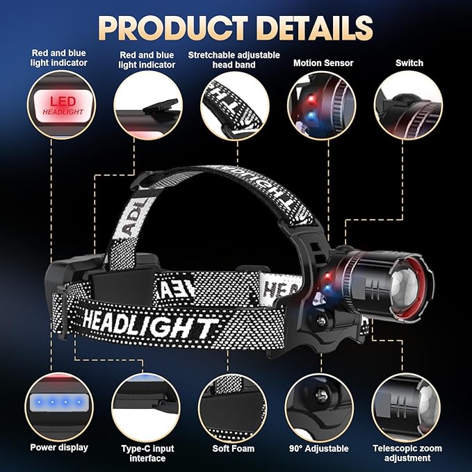 Super Bright LED Headlamp, High Lumen Rechargeable Head Lamp with Motion Sensor, 5 Modes, IPX5 Waterproof, 90° Adjustable, Zoomable Head Lights for Adults, Hard Hat, Outdoor, Camping