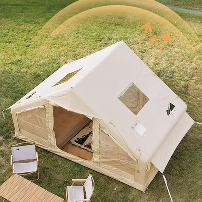 Large Luxury Inflatable Camping Tent Cotton Canvas Tent, Breathable and Waterproof Air Tent with Skylight and Stove Jack Hole for for 4-6-8-10 Person Family Camping