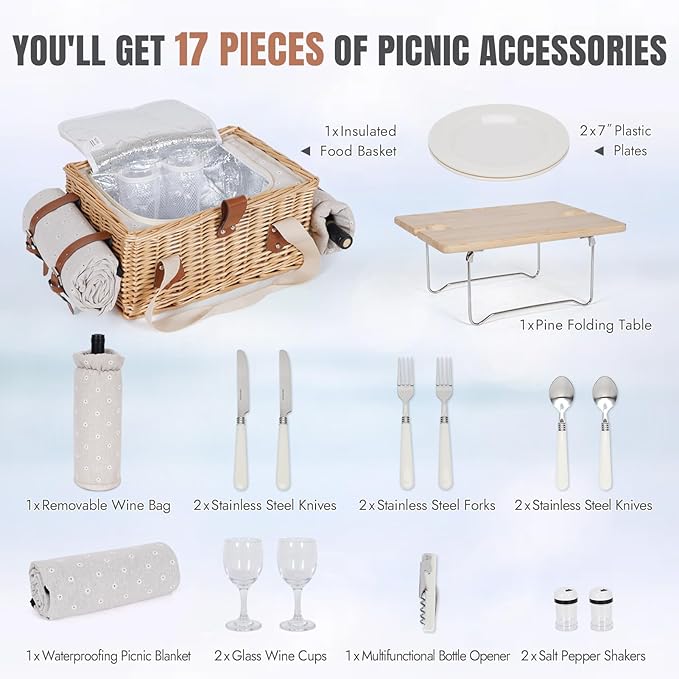 HappyPicnic Picnic Basket for 2, Handmade Wicker Picnic Set with Folding Table and Waterproof Blanket, Large Insulated Picnic Basket with Wine Bag & Cutlery Kit for Picnic, Camping, Holidays (Flower)