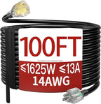 100 FT 14/3 Extension Cord Outdoor, Heavy Duty Weatherproof & Flame Retardant Black 3 Prong Power Cord with Light, Outside for Lawn & Garden, 13 Amps 1625 Watts 125 VAC 14AWG SJTW, ETL Listed