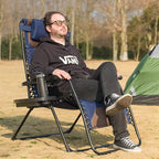 Zero Gravity Chair Set of 4 Oversized Padded Recliner with Adjustable Headrest & Cup Holder - 600D Oxford Folding Lounge Chair for Outdoor Camping, Patio, Poolside (Brown & Blue)
