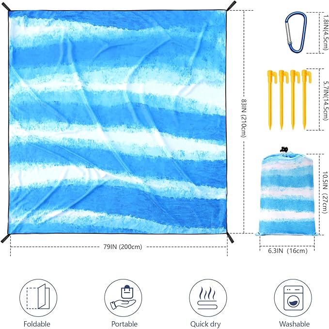 Beach Blanket Waterproof Sandproof Beach Mat 79" X 83"/10'x9'for 2-8 Adults Quick Drying Outdoor Picnic Mat Beach Accessories for Travel, Camping, Hiking