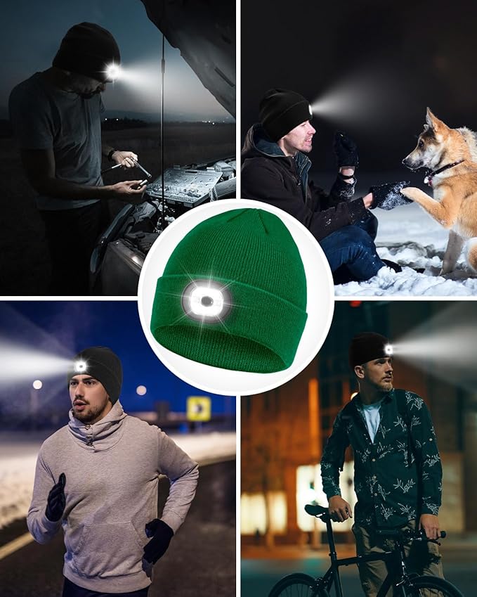 Beanie Headlamp - Unisex Winter Knit Cap Gifts for Men Dad Father with LED Hands Free USB Rechargeable Caps