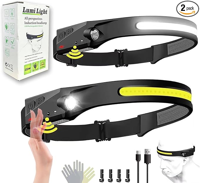 Lumi Light LED Headlamp Rechargeable, LED Head Band, 230° Wide Beam with Motion Sensor for Adults, 5 Mode Waterproof Lightweight Outdoor Camping Hiking Cycling Essentials (2)