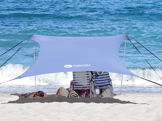 Beach Sun Shade Windproof Design, Sun Shelter UPF50+ Portable Family Tent with 6 Sandbags Anchors 10x10 FT 2 Pole