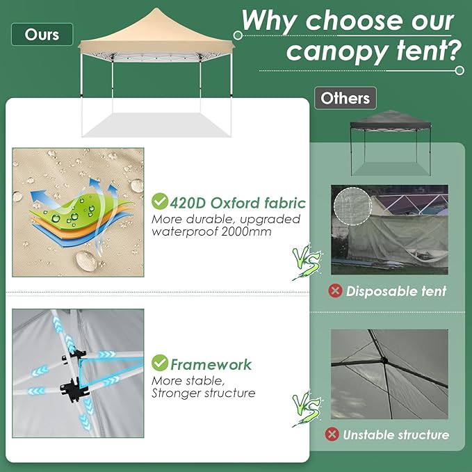 COBIZI Canopy 10x10 Pop Up Canopy Tent with 3 Sidewalls, Commercial Party Tent Ez Waterproof Outdoor Instant Gazebo UV 50+ Event Shelter, Garden Tents for Parties Camping with Sandbags，Khaki