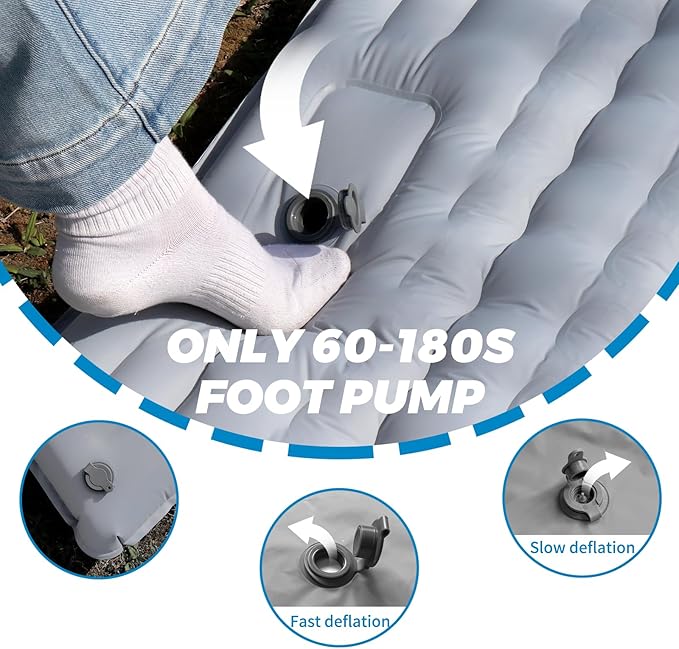 Double Camping Air Mattress with Built-in Foot Pump – Heavy-Duty 2 Person Inflatable Sleeping Pad, Waterproof & Portable for Hiking, Backpacking, Beach – Upgraded 84.6" x 51.5" (Grey)