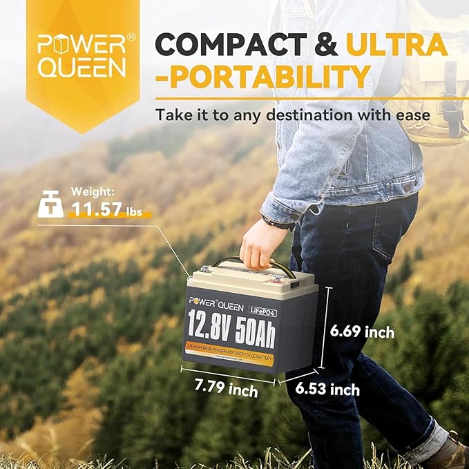 Power Queen 12V 50Ah LiFePO4 Battery with 14.6V 10A LiFePO4 Battery Charger, Built-in 50A BMS,12V 50Ah Deep Cycle Lithium Battery,15000+ Cycles for Kayak Trolling Motor, RV Trailer, Solar Application