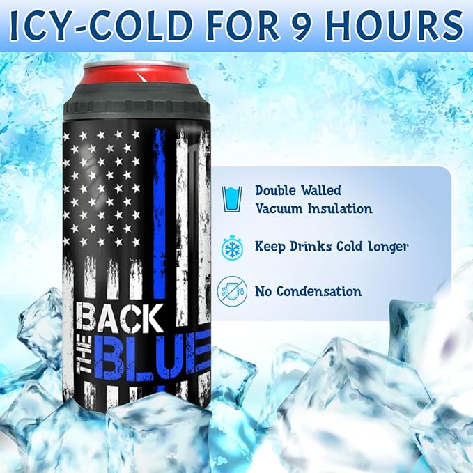 winorax Police Gifts Back The Blue American Flag Tumbler 4-in-1 Can Cooler Stainless Steel 12oz Travel Mug Coffee Cups US Flag Police Academy Graduation Gifts for Men Cops Officer Retirement