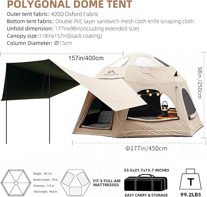 8/10/12 Person Large Inflatable Tents for Camping, 4 Season Blow Up Tents with Canopy/Rainfly, Luxury Inflatable Tent House with Stove Jack, Easy Setup Inflatable Camping Tent.