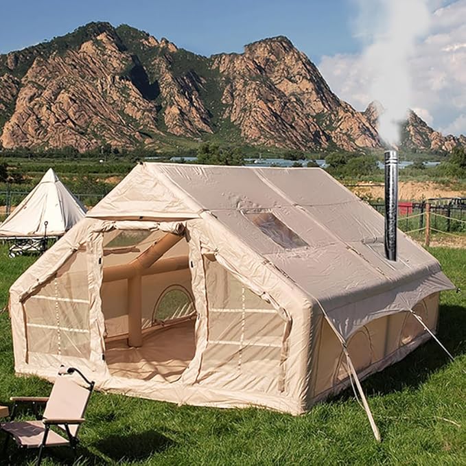 Large Luxury Inflatable Camping Tent Cotton Canvas Tent, Breathable and Waterproof Air Tent with Skylight and Stove Jack Hole for for 4-6-8-10 Person Family Camping