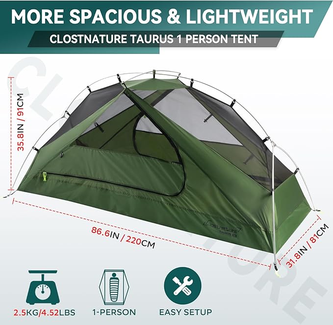 Clostnature 1/2 Person Backpacking Tent - Lightweight Two Person Tent for Backpacking, Easy Set Up Waterproof Camping Tent for Adults, Kids, Scouts, Large Size Outdoor, Hiking, Mountaineering Gear