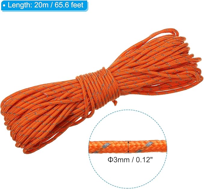PATIKIL 65 Feet Reflective Guyline Camping Paracord, 3mm Tent Cord Guyline Rope Nylon Paracord Rope for Camping Tent Tarp Hiking, Orange (20M)