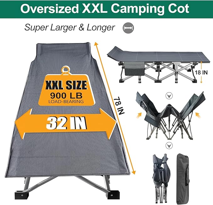 LILYPELLE 2 Pack Folding Camping Cot W/Mattress, 78" L x 32" W x 18" H Cot Bed, Heavy Duty Wide Camping Cot XXL for Adults, Portable Sleeping Cot Bed for Travel Camping/Office, Home Nap