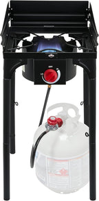 Hike Crew Cast Iron 1-Burner Outdoor Gas Stove | 75,000 BTU Portable Propane-Powered Cooktop w/Blue Flame Control, Removable Legs, Temperature Setting Knobs | Wind Panel, Hose Regulator & Storage Bag