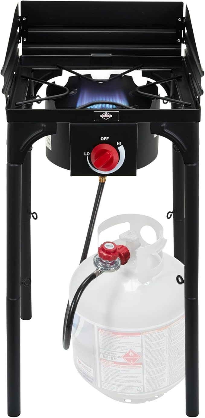 Hike Crew Cast Iron 1-Burner Outdoor Gas Stove | 75,000 BTU Portable Propane-Powered Cooktop w/Blue Flame Control, Removable Legs, Temperature Setting Knobs | Wind Panel, Hose Regulator & Storage Bag