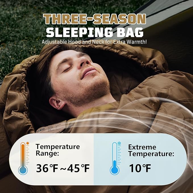 Cold Weather Sleeping Bag for Camping, 36℉ to 45℉ Backpacking Sleeping Bags for Adults with Compression Sack for Camping, Hiking, Hunting and Outdoor Travel