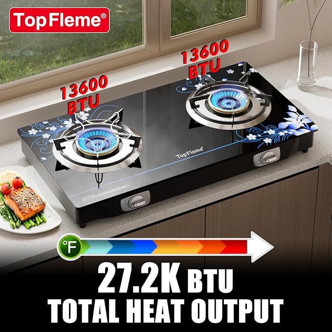 2 Burner Propane Stove 27,200 BTU High-Efficiency Tempered Glass Auto-Ignition Gas Burner Stove Top with CSA Hose for Outdoor RV Camping Emergency Cooking