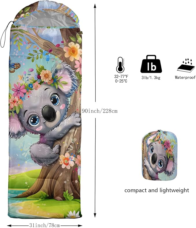 AILONEN Kawaii Panda Sleeping Bags,Lightweight & Waterproof,3 Season Warm & Cool Weather,Dreamy Purple Flower Animal Themed Sleeping Bags for Boys,Girls,Kids,Adults Travelling,Outdoors