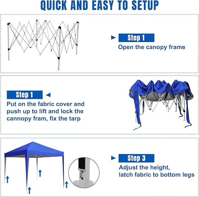 Yesker 10x10 Pop Up Canopy Tent UPF 50+ Waterproof Outdoor Canopy Portable Folding Easy Setup Gazebo Adjustable Height Instant Sun Shade Tent with Wheeled Bag for Events Parties Camping Patio, Blue