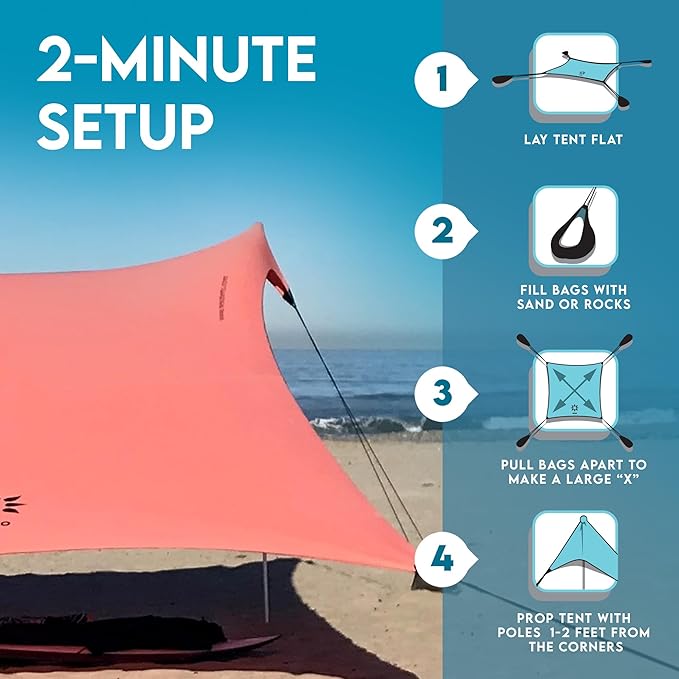 Neso Gigante Portable Beach Tent Sun Shelter - Lightweight Beach Shade Canopy - Easy Setup for Family Outings - Patented Reinforced Corners - UPF 50+ Sun Protection - 8ft Tall, 11 x 11ft - Coral