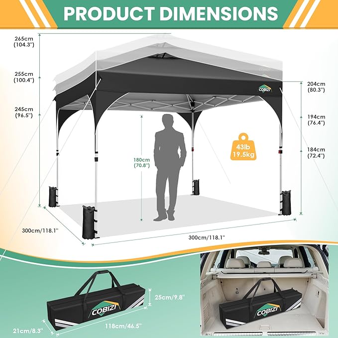 COBIZI 10x10 Pop Up Canopy Tent, Outdoor Party Tent with 3 Sidewalls, 1 Person Easy Set up, Tents for Parties with Fluorescent Strip & 4 Sandbags, Waterproof UPF50+, 3 Adjustable Height, Black