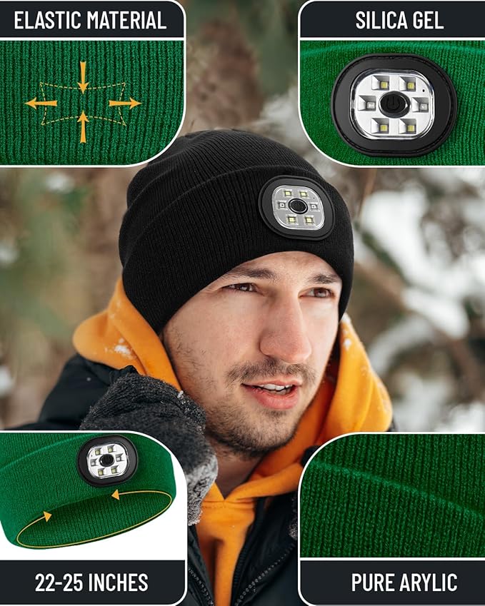 Beanie Headlamp - Unisex Winter Knit Cap Gifts for Men Dad Father with LED Hands Free USB Rechargeable Caps