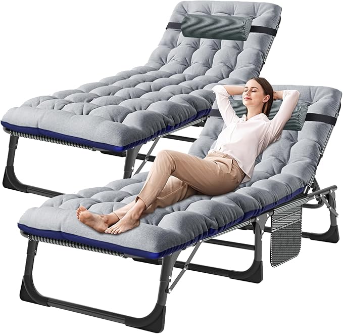 DoCred Folding Lounge Chair with Mattress, 5 Position Adjustable Folding Sleeping Bed Cot Chaise Lounge Chairs Perfect for Sunbathing, Camping, Pool, Beach, Patio