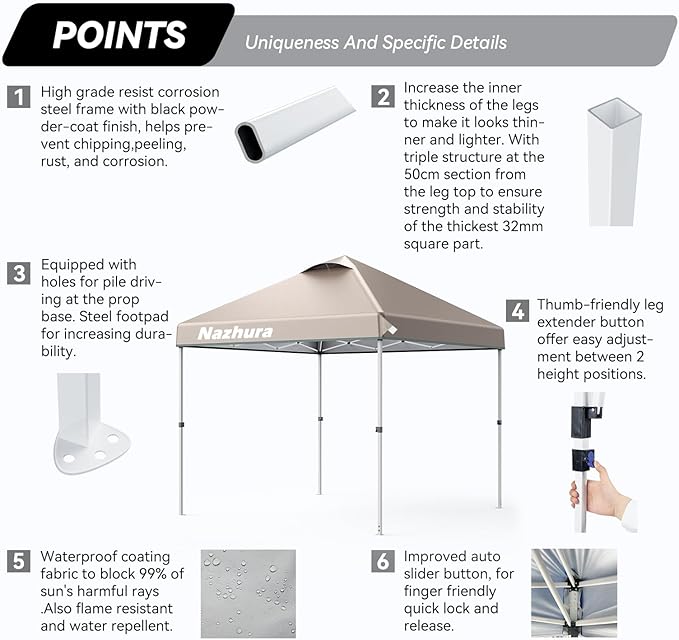 Nazhura 10' x 10' Pop Up Canopy Tent with Sand Weight Bag, Awing for Patio, Freestanding Sun Shelter for Picnic and Camping, One Person Setup, White (Kahki)